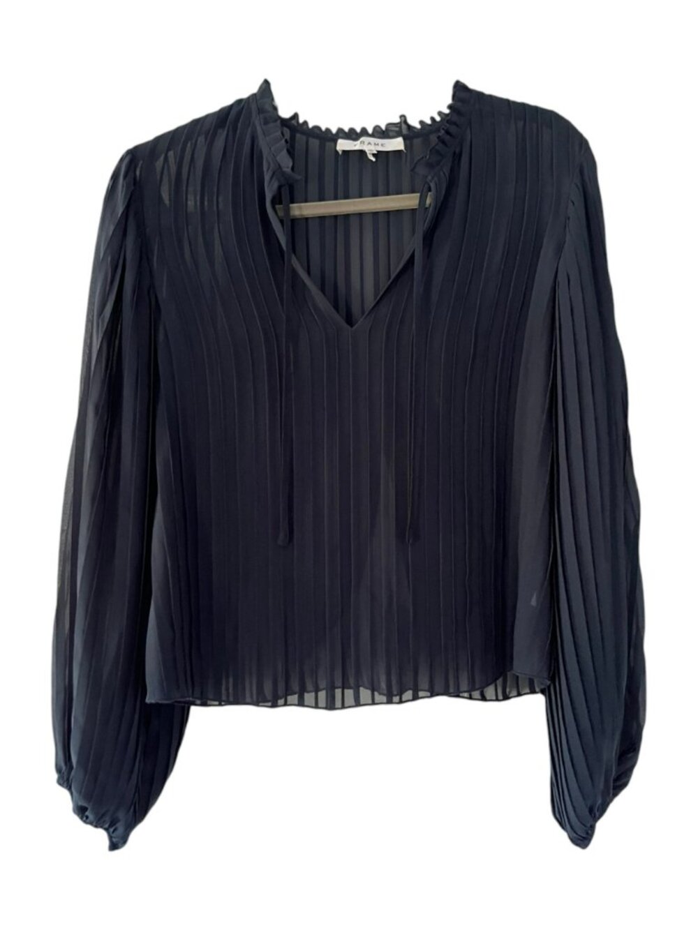FRAME Pleated Tie Front Blouse Navy Blue Silk Blend XS - Picture 3 of 3